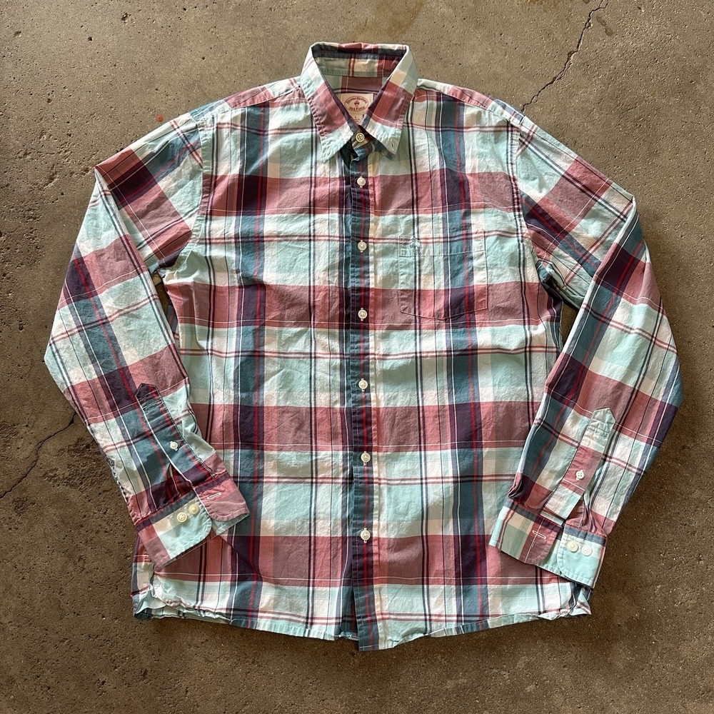 Brooks Brothers Red Fleece Button‎ Down Shirt Mens L Red Blue Plaid Preppy Slim